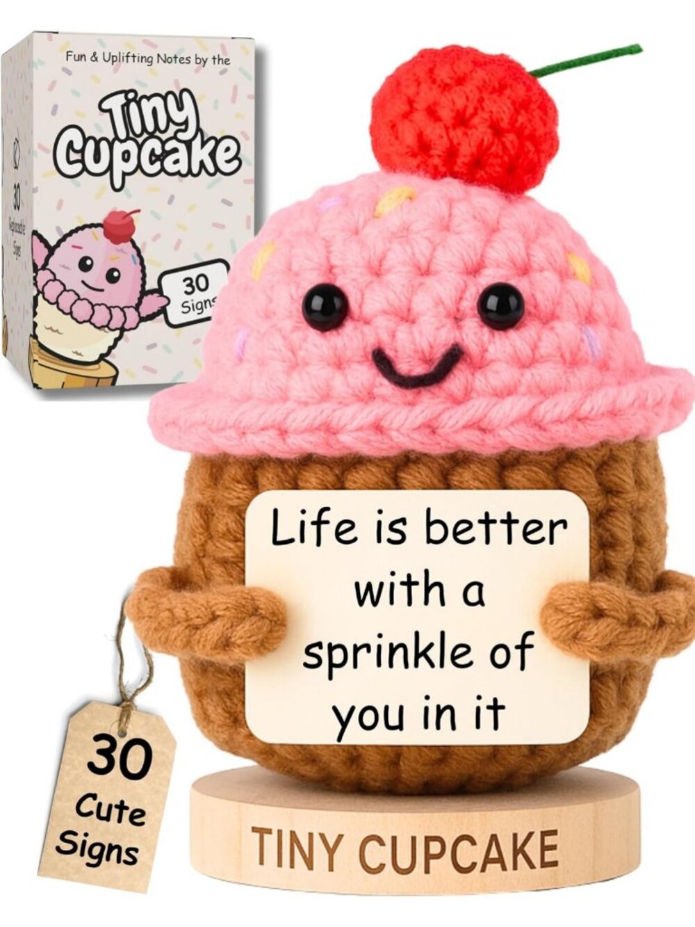 Emotional Support Gift - Crochet Cupcake & 30 Uplifting Affirmation Cards for